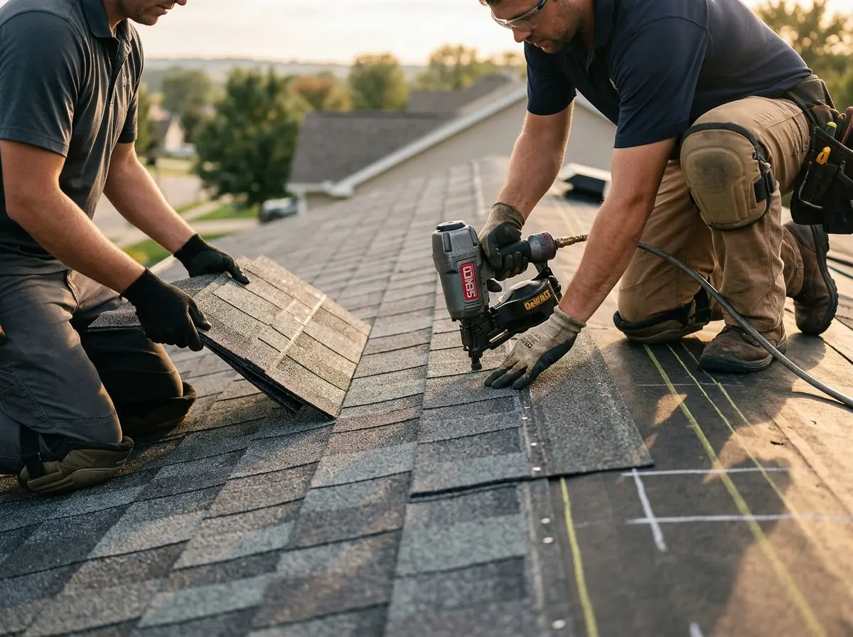 Professional roofer working on a residential roof in Keene